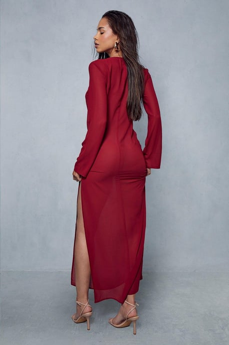 Chiffon Plunge Drape Detail Split Leg Maxi Dress