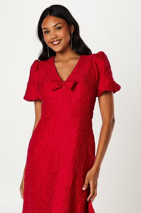 Coast Womens Fit & Flare Dress Red Polyester V-Neck Short Sleeve Midi Jacquard