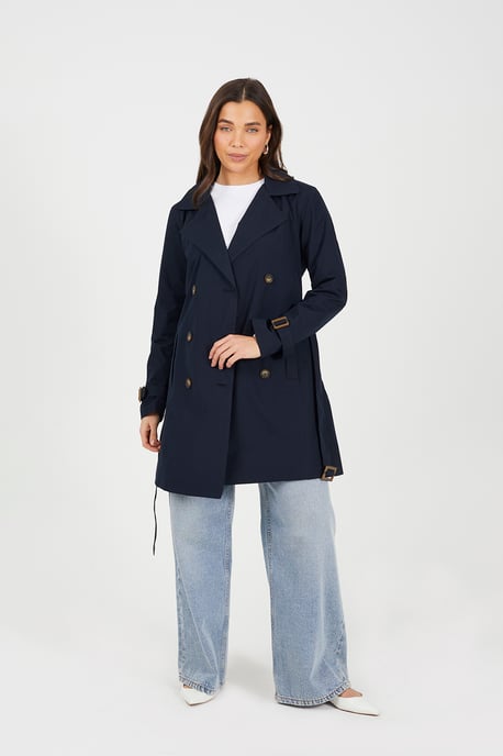 Navy Double Breasted Belted Trench Coat
