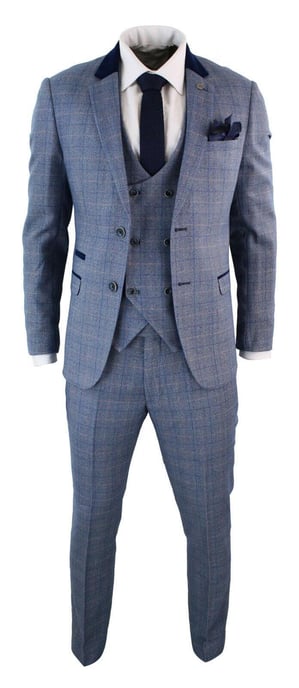 Traje de tres piezas de cuadros en espiga azul y gris para hombre - Image 2