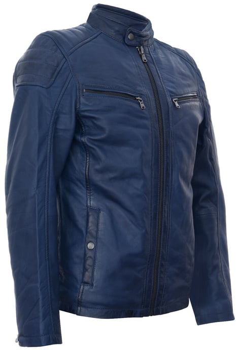 Vintage quilted navy blue leather racing bike jacket with zipper