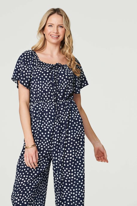 Navy Polka Dot Print Angel Sleeve Jumpsuit