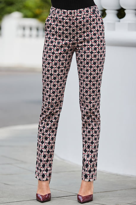 Burgundy Geometric Print Tapered Leg Trousers