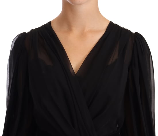 Vestido corto de seda elástica con pliegues de malla negra para mujer de Dolce & Gabbana - Image 4