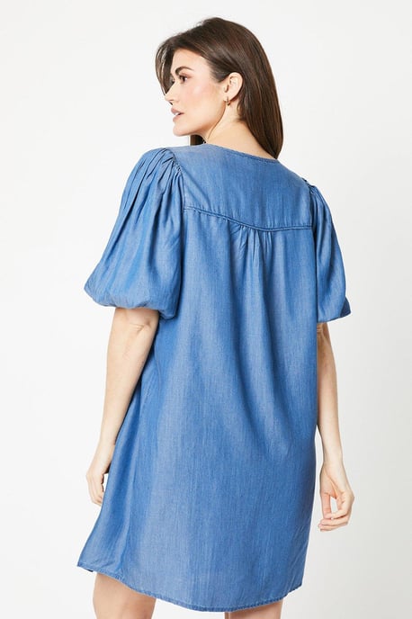 Denim Tencel Puff Sleeve Shift Dress