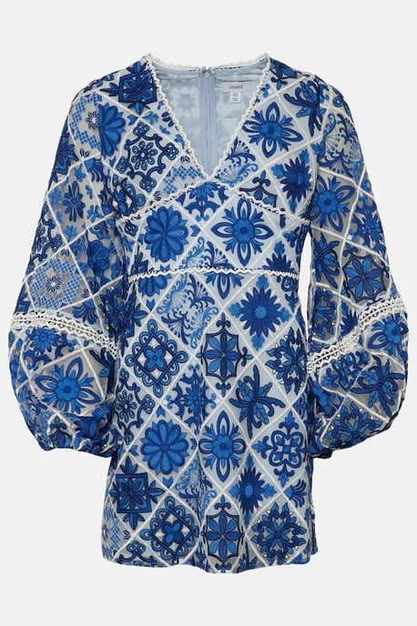 Long Sleeve Tile Lace Waist Panel Mini Dress