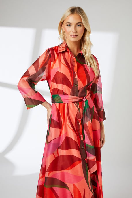 Pink Abstract Print Belted Collared Shirt Dress