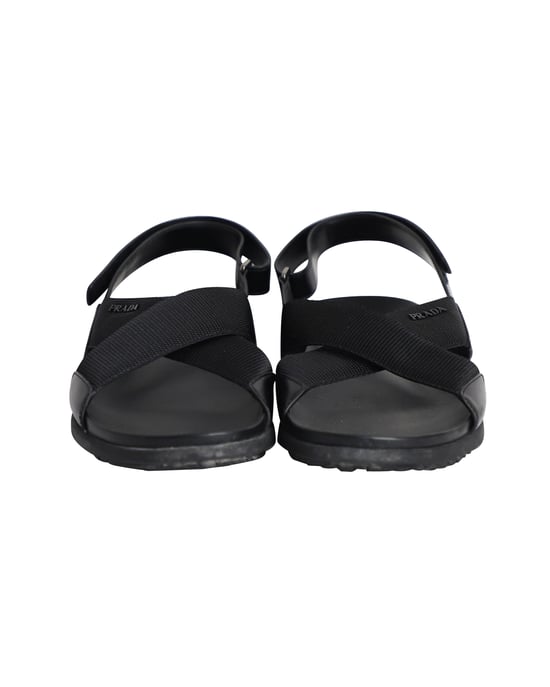 Prada Logo Strap Crisscross Sandals in Black Leather - Image 2
