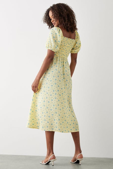 Yellow Ditsy Floral Shirred Midi Dress - Image 3