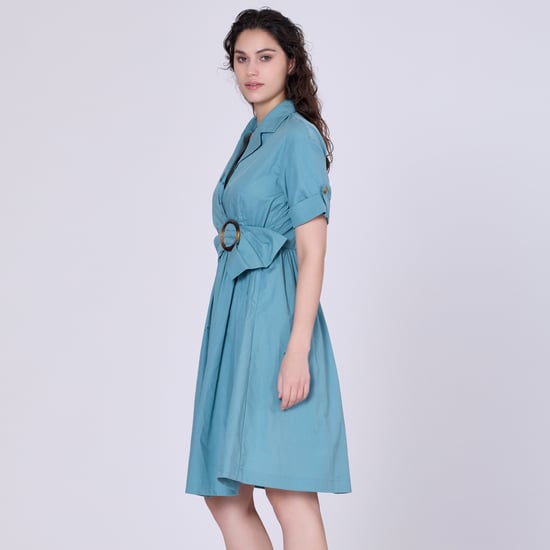 Shirt dress with asymmetric belt panel