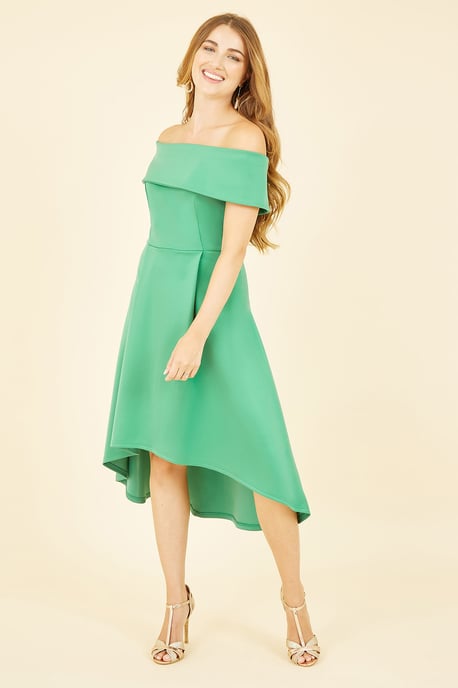 Mela Bright Green Bardot Dipped Hem Dress