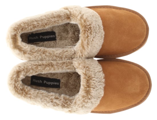Hush Puppies Womens Slippers Full Fluffy Ariel Suede Leather tan - Image 6