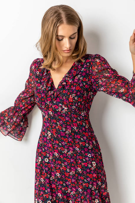 Ditsy Floral Chiffon Frill Midi Dress