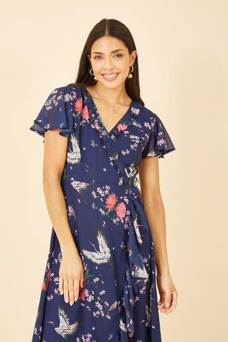 Navy Satin Crane Print Wrap Dress