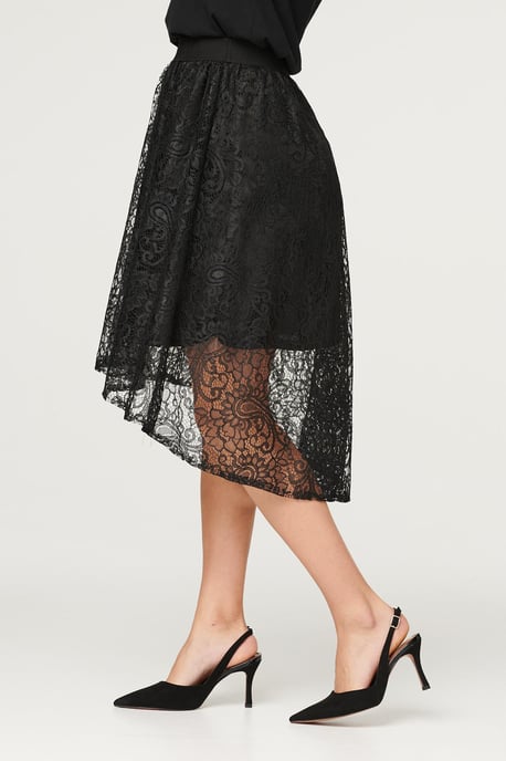 Black Lace Asymmetric Hem Midi Skirt