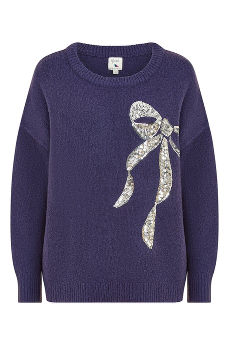 Navy Sequin Bow Knitted Jumper