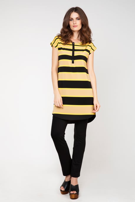 Sleeveless tunic in striped rayon-elastane fabric