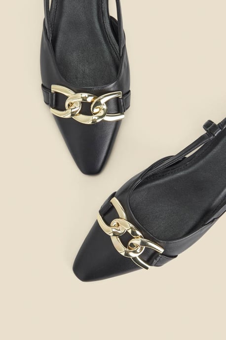 Black Leather Pointed Toe Flat Slingback Shoe With Gold Trim
