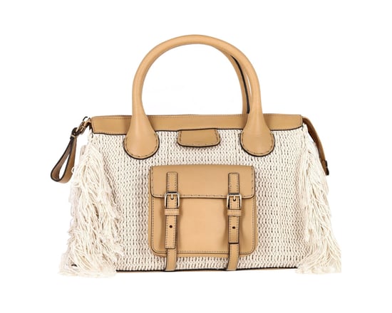 Chloe Edith Fringe Medium Day Bag in Beige Linen and Tan Calfskin Leather - Image 1