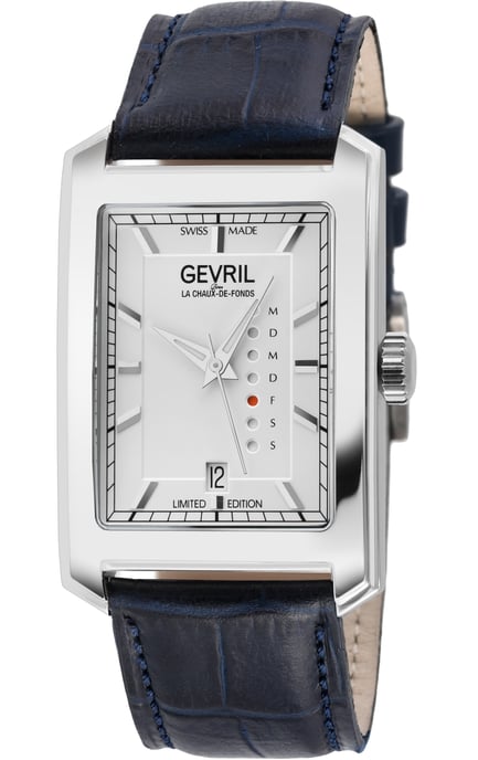 Gevril Mens Manhattanhenge Swiss Automatic ETA 2836-2 Genuine Handmade Italian Blue Leather Watch