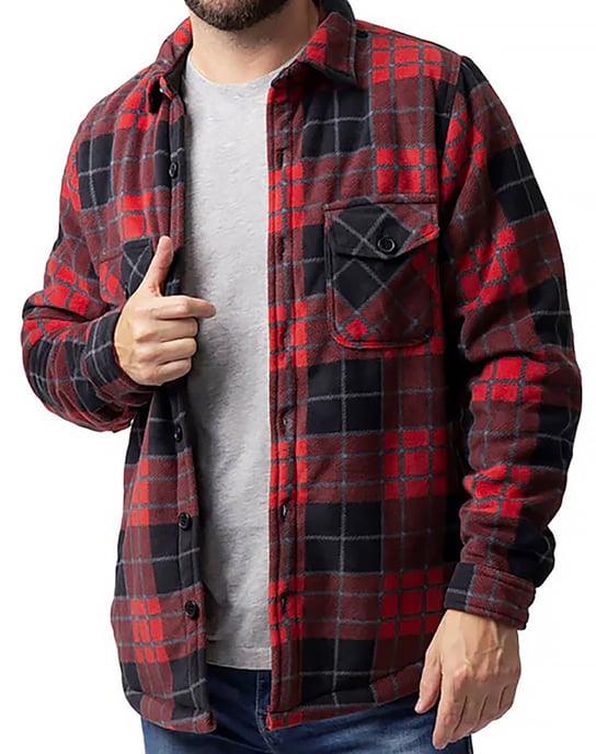 Chaqueta de invierno de cuadros acolchada para hombre | Calentadores | Camisa de cuadros de manga larga | Patrón a cuadros - Carmesí / Negro - Image 2