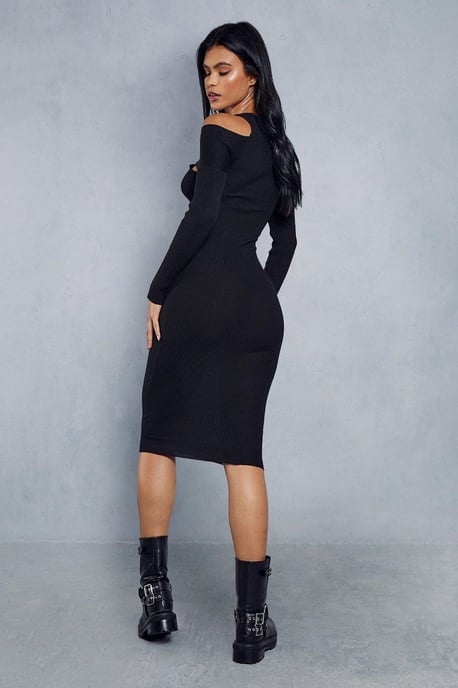 Knitted Ribbed Plunge Bardot Midaxi Dress