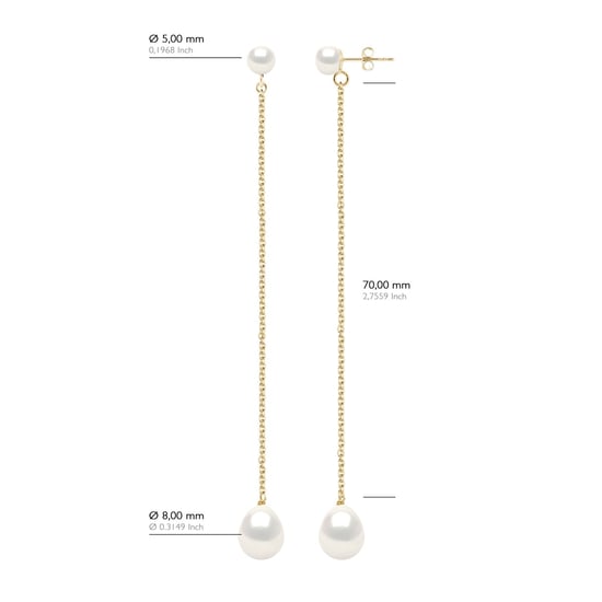 Double Earrings Yellow Gold - Real Cultured Freshwater Pearls Button 5-6 mm + Pear 8-9 mm