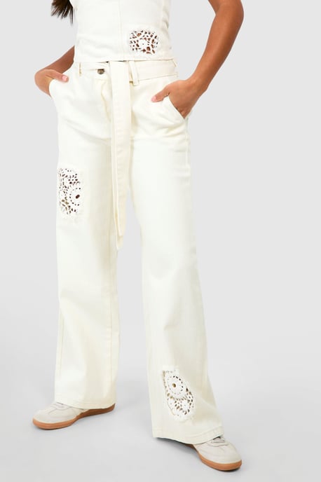 Crochet Mix Belted Wide Leg Jeans
