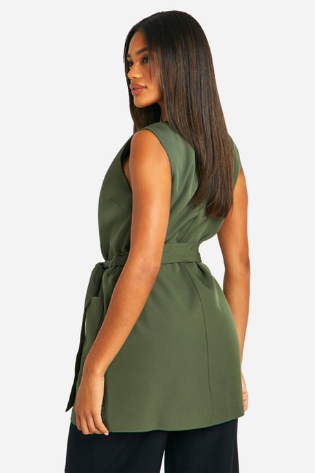 Longline Sleeveless Belted Blazer