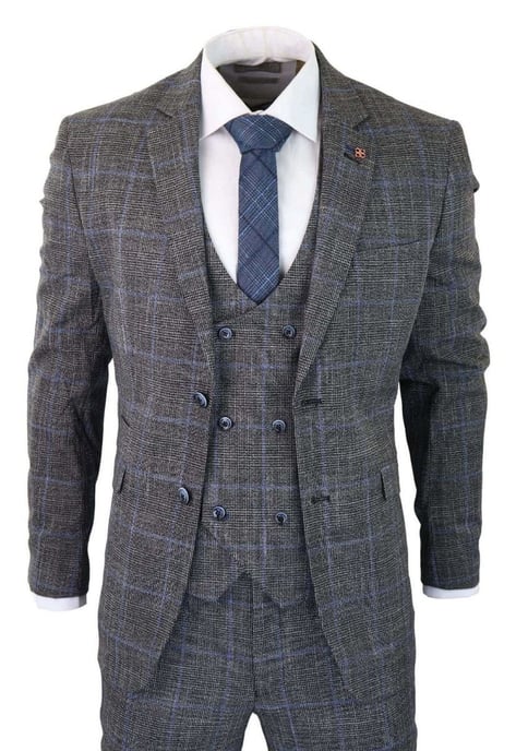 Traje clásico vintage de tweed de 3 piezas para hombre, de cuadros grises y azules - Image 1