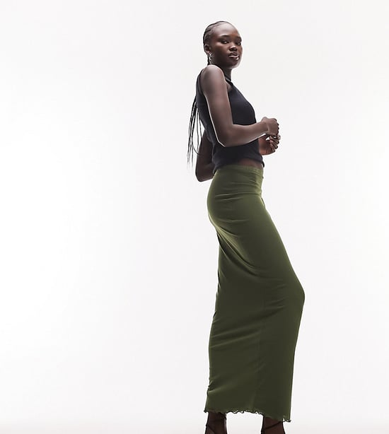 Topshop Tall mesh lace trim midi skirt in khaki-Multi