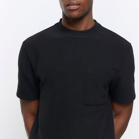 River Island Mens T-Shirt Black Regular Fit Textured Pocket