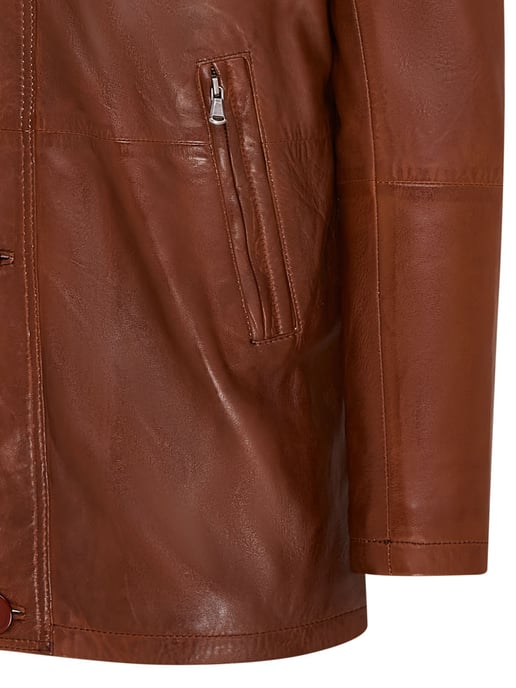 Mens Tan Mid-Length Warm Leather Trench Coat - Varkaus