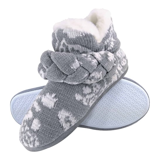 Dunlop - Ladies Knitted Warm Fleece Plush Slippers Boots/Booties in Grey Fairisle and Pink Cord Styles - Image 1