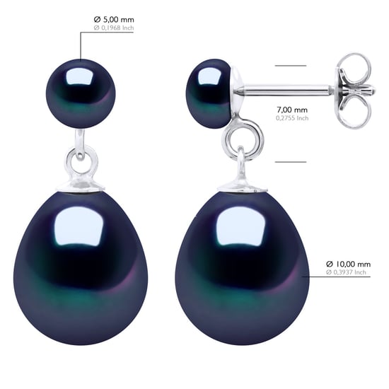 Double Earrings White Gold - Real Cultured Freshwater Pearls Button 5-6 mm + Pear 10-11 mm - Image 2
