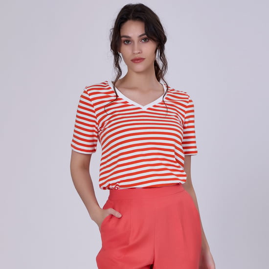 V neck stripes cotton T-shirt - Image 1