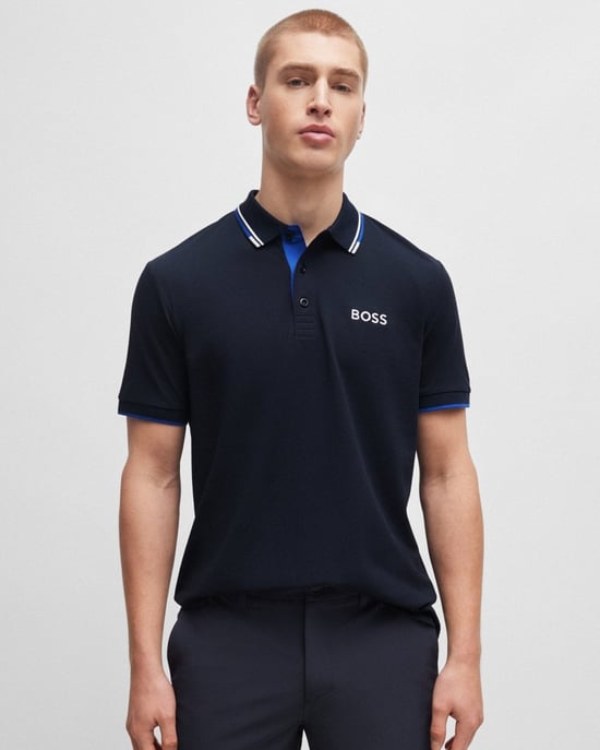 BOSS Green Paddy Pro Mens Cotton Blend Polo Shirt With Contrast Logos NOS - Image 1
