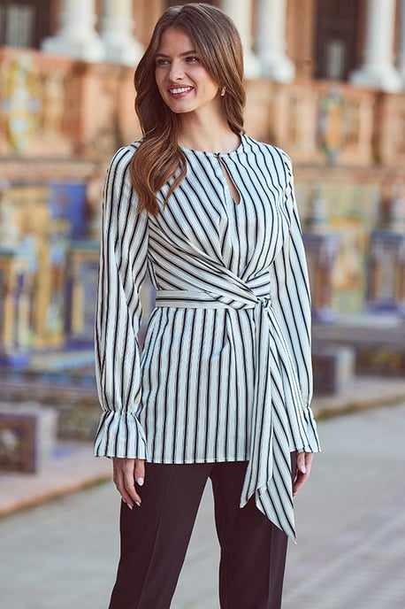 Ivory & Black Satin Stripe Keyhole Detail Tie Side Top