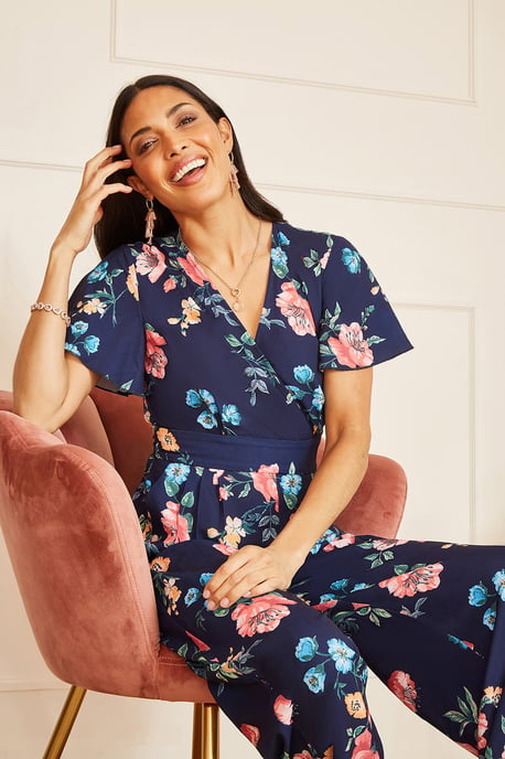 Navy Floral Angel Sleeve Jumpsuit