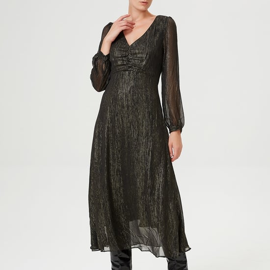 Midi dress golden glint effect and V neckline - Image 3