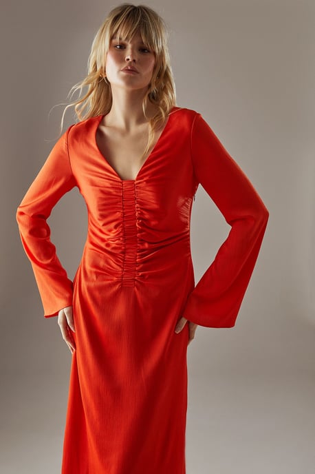 Crinkle Satin Ruched Front Column Midi Dress