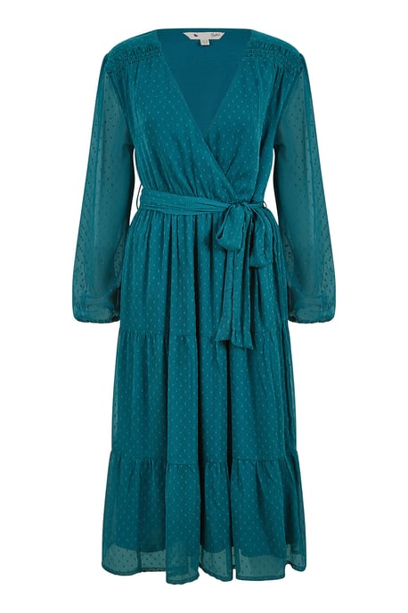 Green Recycled Dobby Spot Long Sleeve Midi Wrap Dress