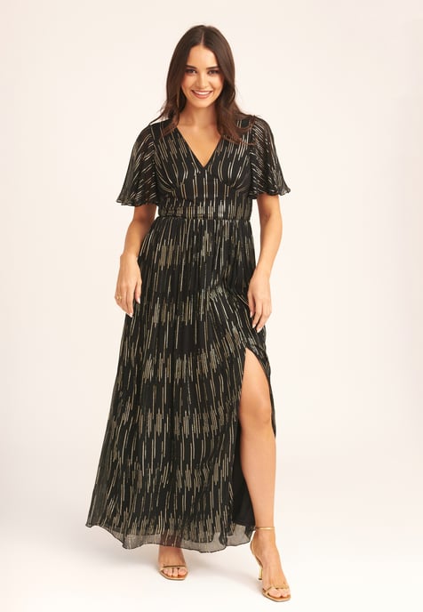Vestido Maxi con Mangas de Ángel de Rayas y Laminado - Image 1