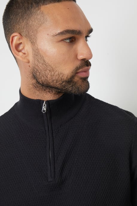 Black Basket Stitch Mock T-Shirt Quarter Zip Jumper
