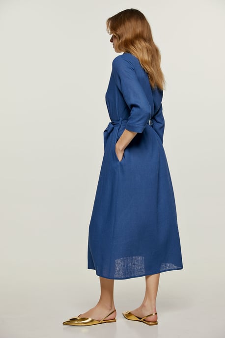 Vestido midi estilo lino azul con cinturón - Image 6