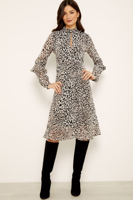 Leopard Print Fit & Flare Ruffle Dress