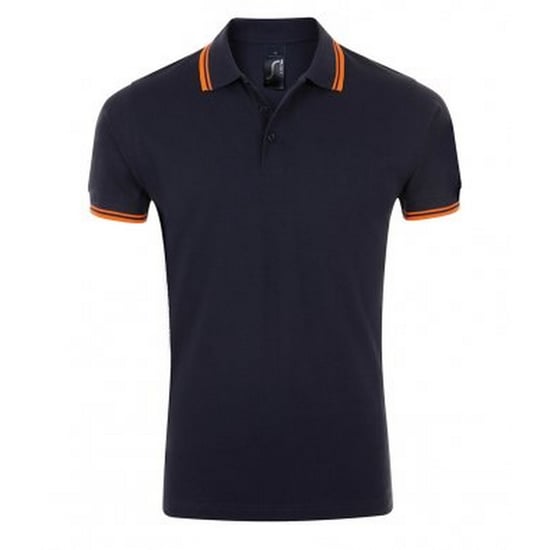 SOLS Mens Pasadena Tipped Short Sleeve Pique Polo Shirt (French Navy/Neon Orange) - Image 1