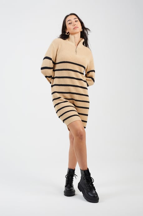 Camel Striped Knitted Half Zip Mini Dress