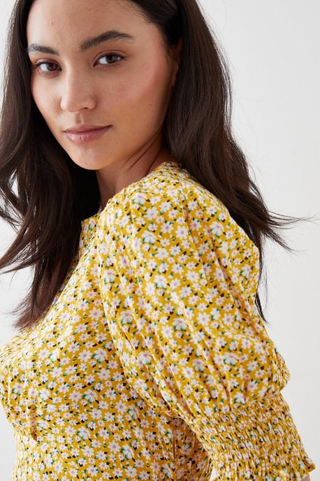 Petite Yellow Ditsy Shirred Cuff Midi Dress - Image 1