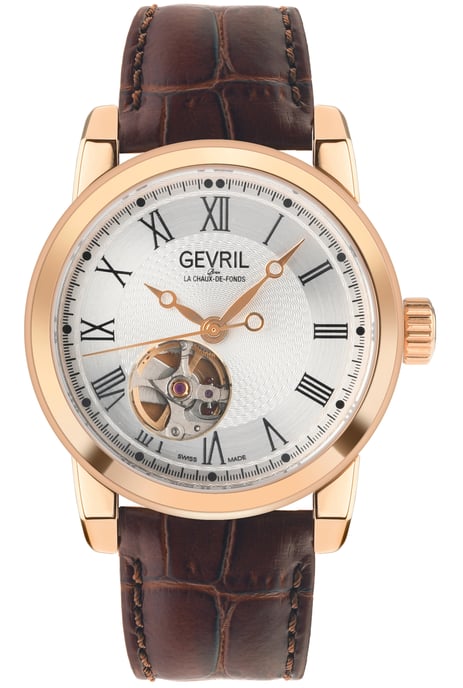 Gevril Reloj Madison Swiss automático IPRG con esfera plateada y cuero marrón para hombre - Image 1